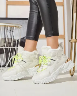 Hot Białe sportowe buty damskie z futerkiem i owymi zielonymi sznurówkami Sagglo Damskie Śniegowce|Ocieplane