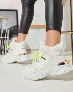 Hot Białe sportowe buty damskie z futerkiem i owymi zielonymi sznurówkami Sagglo Damskie Śniegowce|Ocieplane