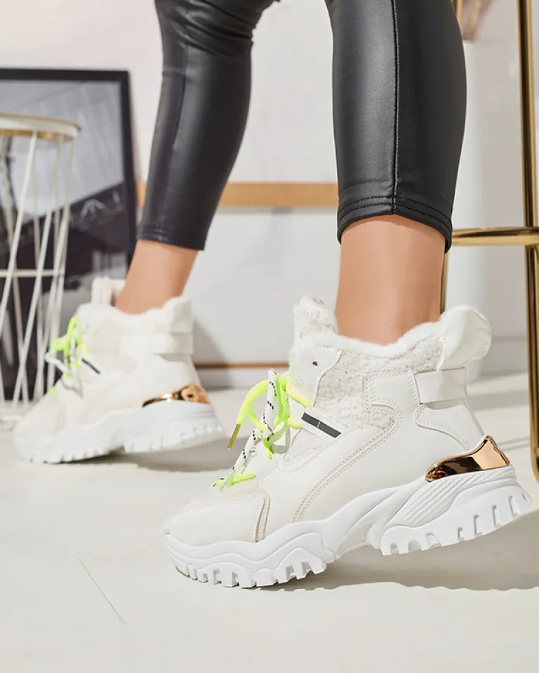 Hot Białe sportowe buty damskie z futerkiem i owymi zielonymi sznurówkami Sagglo Damskie Śniegowce|Ocieplane