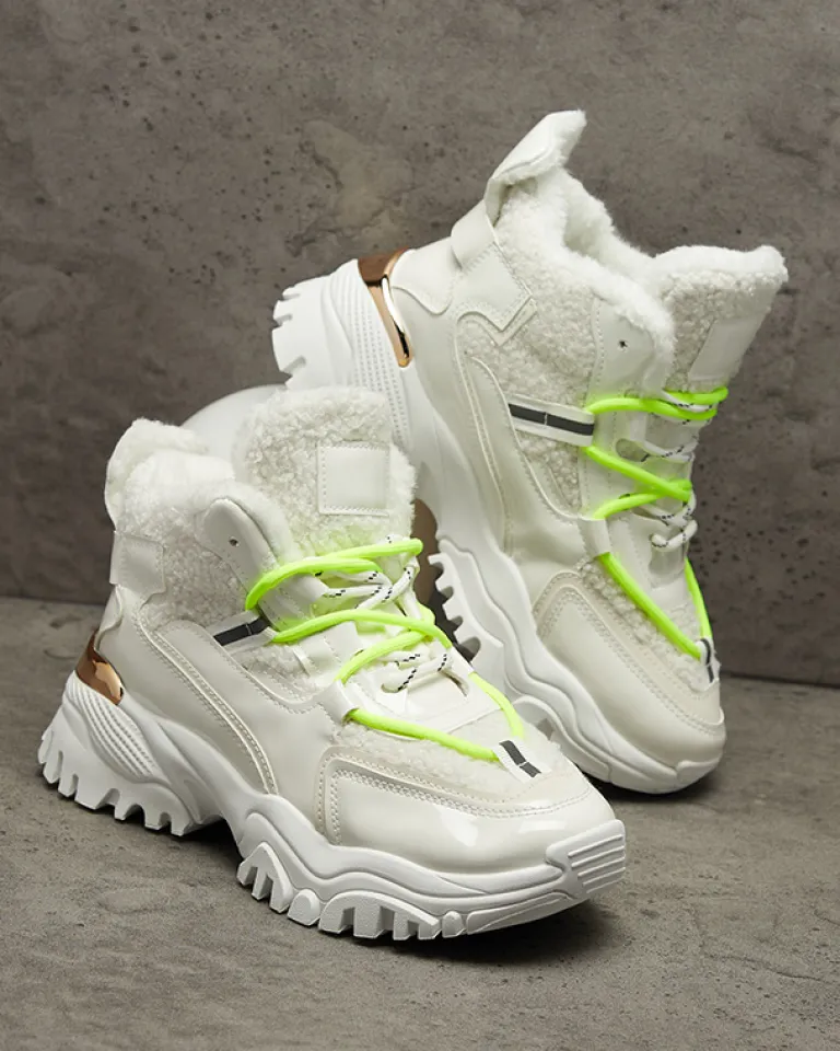 Hot Białe sportowe buty damskie z futerkiem i owymi zielonymi sznurówkami Sagglo Damskie Śniegowce|Ocieplane