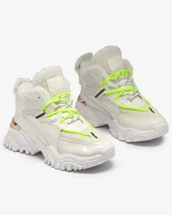 Hot Białe sportowe buty damskie z futerkiem i owymi zielonymi sznurówkami Sagglo Damskie Śniegowce|Ocieplane