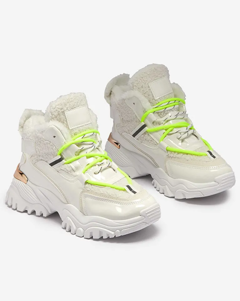 Hot Białe sportowe buty damskie z futerkiem i owymi zielonymi sznurówkami Sagglo Damskie Śniegowce|Ocieplane
