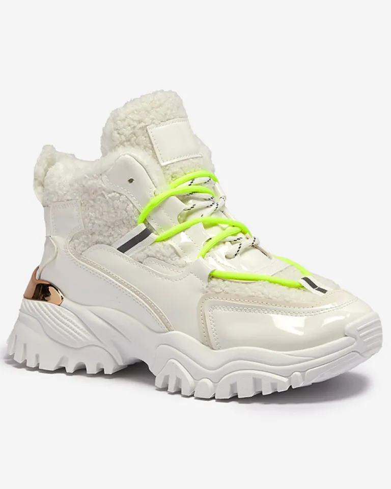 Hot Białe sportowe buty damskie z futerkiem i owymi zielonymi sznurówkami Sagglo Damskie Śniegowce|Ocieplane