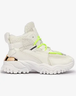 Hot Białe sportowe buty damskie z futerkiem i owymi zielonymi sznurówkami Sagglo Damskie Śniegowce|Ocieplane