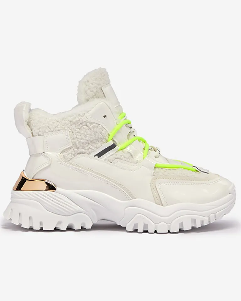 Hot Białe sportowe buty damskie z futerkiem i owymi zielonymi sznurówkami Sagglo Damskie Śniegowce|Ocieplane
