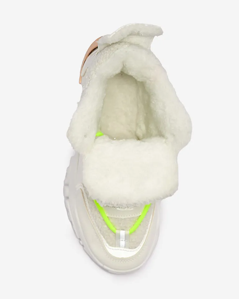 Hot Białe sportowe buty damskie z futerkiem i owymi zielonymi sznurówkami Sagglo Damskie Śniegowce|Ocieplane