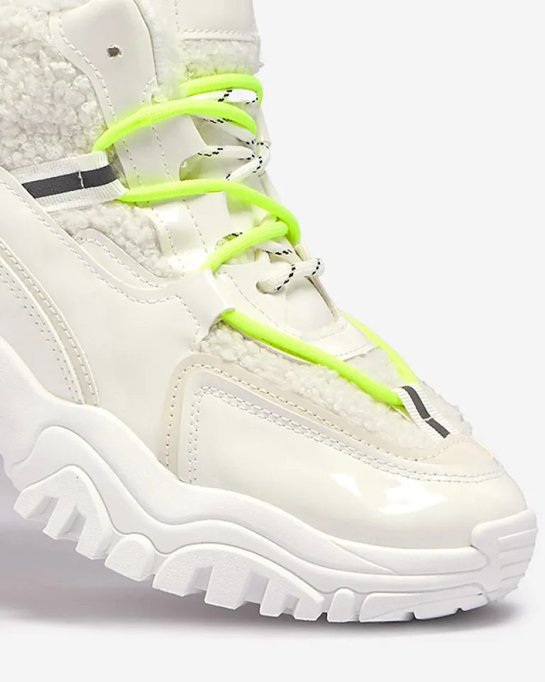 Hot Białe sportowe buty damskie z futerkiem i owymi zielonymi sznurówkami Sagglo Damskie Śniegowce|Ocieplane