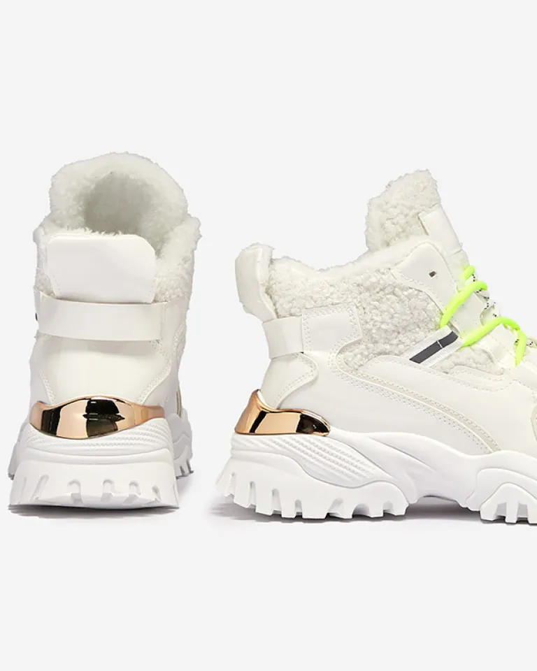 Hot Białe sportowe buty damskie z futerkiem i owymi zielonymi sznurówkami Sagglo Damskie Śniegowce|Ocieplane