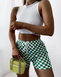 Discount Biało - zielone damskie materiałowe krótkie spodenki w kratkę PLUS SIZE Szorty|Krótkie Spodenki