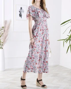 Online Biało- długi kombinezon damski w kwiaty Kombinezony