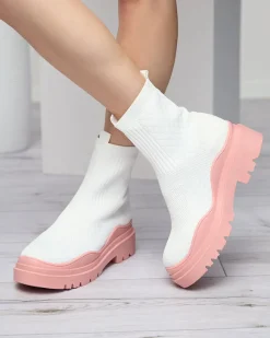 Best Biało-różowe botki damskie na płaskim obcasie Seritis Botki Bez Ocieplenia|Botki Na Płaskim Obcasie