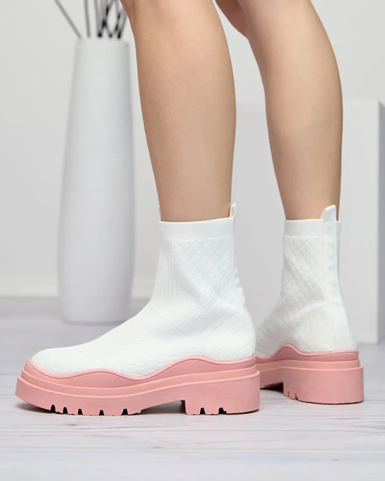 Best Biało-różowe botki damskie na płaskim obcasie Seritis Botki Bez Ocieplenia|Botki Na Płaskim Obcasie