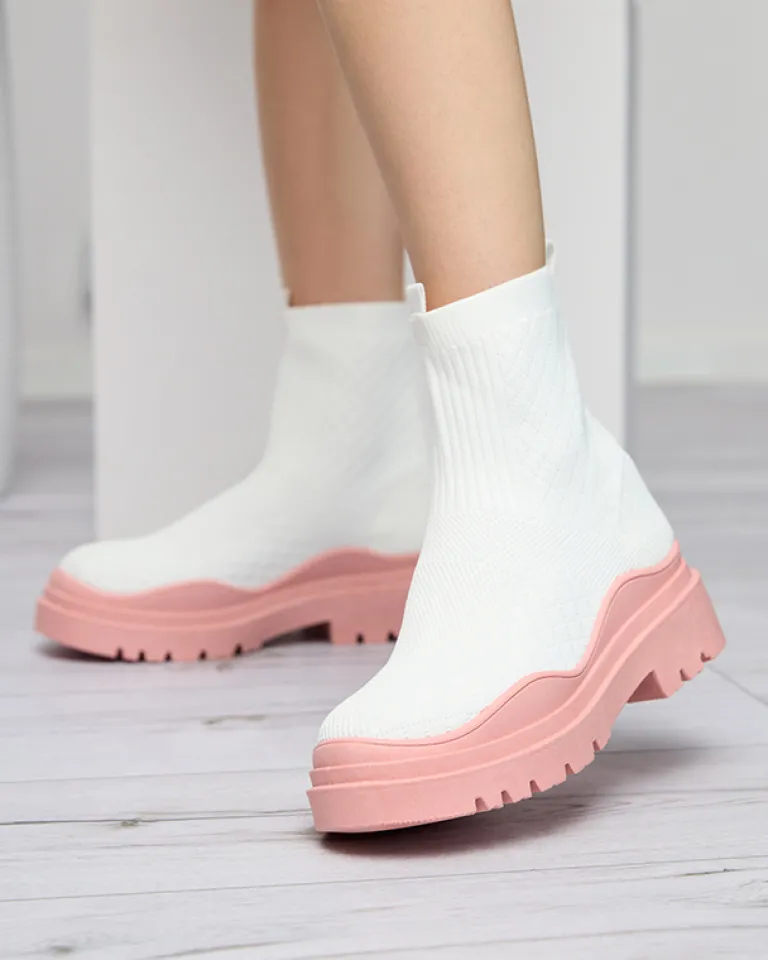Best Biało-różowe botki damskie na płaskim obcasie Seritis Botki Bez Ocieplenia|Botki Na Płaskim Obcasie