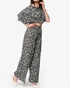 Discount damski plisowany komplet w czarne kwiatki Damskie Komplety Damskie