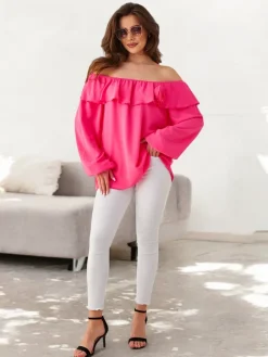 Sale Bluzka damska a'la hiszpanka z falbanką i kwiatem Bluzki / Koszule / Koszulki