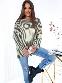 Sale Bluzka damska w zielone paseczki z brokatem Bluzy