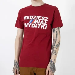 Outlet Bordowa bawełniana koszulka męska z printem Bluzki