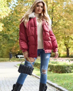 Outlet Bordowa damska kurtka zimowa z syntetycznym ociepleniem Kurtki / Marynarki / Płaszcze