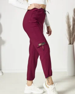 Discount Bordowe damskie spodnie typu bojówki z łańcuszkiem Spodnie Cargo|Spodnie Materiałowe