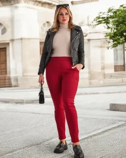 Sale Bordowe damskie ocieplane spodnie typu tregginsy PLUS SIZE Legginsy / Tregginsy|Plus Size