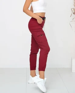 New Bordowe spodnie cargo ocieplane z kieszeniami Spodnie Cargo|Spodnie Materiałowe