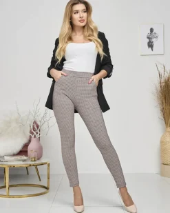 Hot Bordowo- czarne ocieplane damskie tregginsy w kratkę Legginsy / Tregginsy