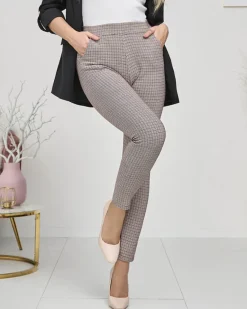 Hot Bordowo- czarne ocieplane damskie tregginsy w kratkę Legginsy / Tregginsy