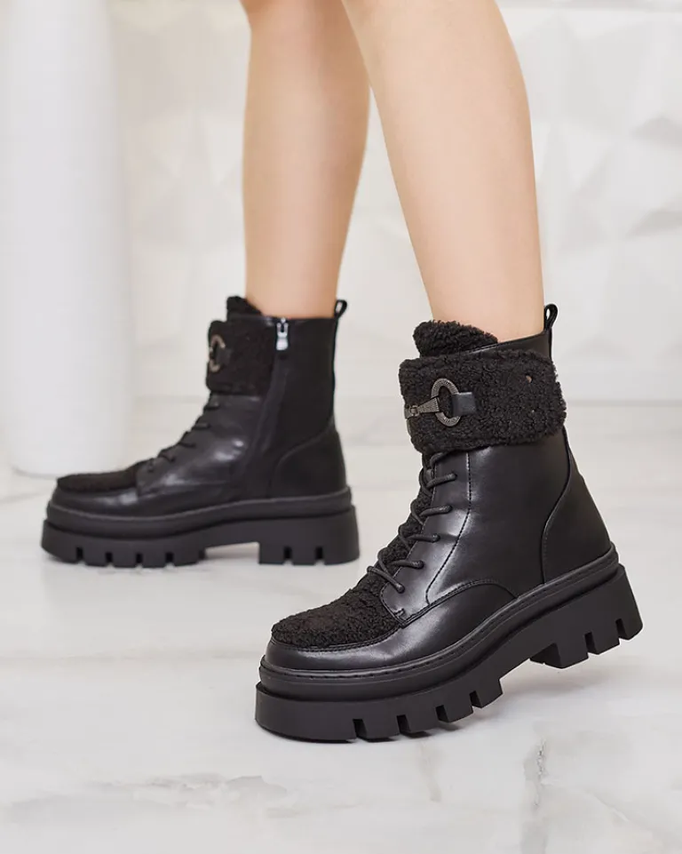 Clearance Botki damskie z kożuszkiem Faeltone Botki Z Delikatnym Ociepleniem|Botki Na Płaskim Obcasie