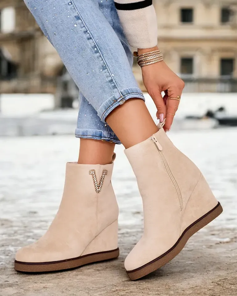 Best Botki damskie na koturnie Nerias Botki Z Delikatnym Ociepleniem|Botki Na Koturnie