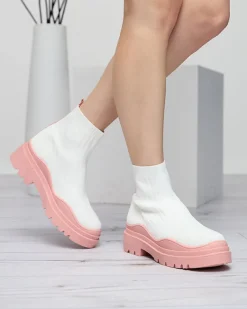 Discount Botki damskie na grubszej podeszwie w kolorze biało- różowym Korlico Botki Bez Ocieplenia|Botki Na Płaskim Obcasie