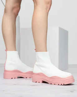 Discount Botki damskie na grubszej podeszwie w kolorze biało- różowym Korlico Botki Bez Ocieplenia|Botki Na Płaskim Obcasie