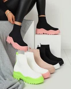 Discount Botki damskie na grubszej podeszwie w kolorze biało- różowym Korlico Botki Bez Ocieplenia|Botki Na Płaskim Obcasie