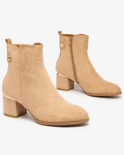Botki damskie na niskim słupku w kolorze jasnobrązowym Dogdas Botki Z Delikatnym Ociepleniem|Botki Na Słupku