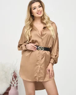 Sale Brązowa damska tunika typu koszula Bluzki / Koszule / Koszulki