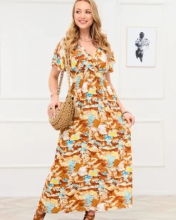 New Brązowa damska długa sukienka z modnym wzorem Sukienki Letnie|Sukienki Długie