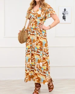 New Brązowa damska długa sukienka z modnym wzorem Sukienki Letnie|Sukienki Długie