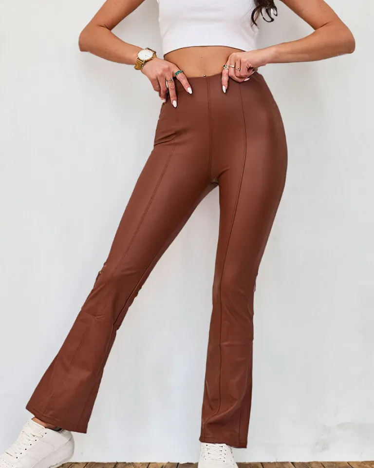 Hot Brązowe damskie eko-skórzane legginsy a'la dzwony Eko Skórzane|Legginsy / Tregginsy