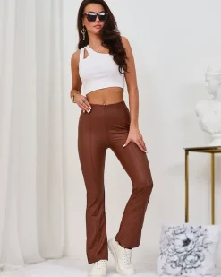 Hot Brązowe damskie eko-skórzane legginsy a'la dzwony Eko Skórzane|Legginsy / Tregginsy