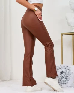 Hot Brązowe damskie eko-skórzane legginsy a'la dzwony Eko Skórzane|Legginsy / Tregginsy