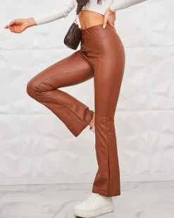 Hot Brązowe damskie eko-skórzane legginsy a'la dzwony Eko Skórzane|Legginsy / Tregginsy