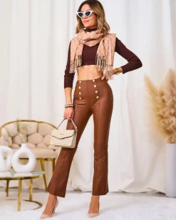 Hot Brązowe damskie eko-skórzane legginsy ze złotymi guzikami Eko Skórzane|Legginsy / Tregginsy