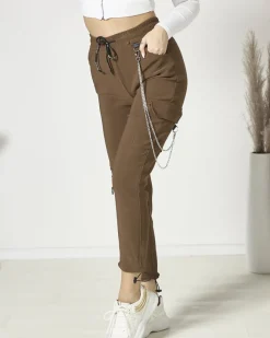 Sale Brązowe damskie spodnie typu bojówki z łańcuszkiem Spodnie Cargo|Spodnie Materiałowe