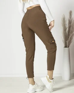 Sale Brązowe damskie spodnie typu bojówki z łańcuszkiem Spodnie Cargo|Spodnie Materiałowe