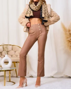 Clearance Brązowe damskie eko-skórzane legginsy ze złotymi guzikami Eko Skórzane|Legginsy / Tregginsy