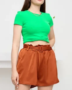 Brązowe damskie satynowe krótkie spodenki Szorty|Krótkie Spodenki