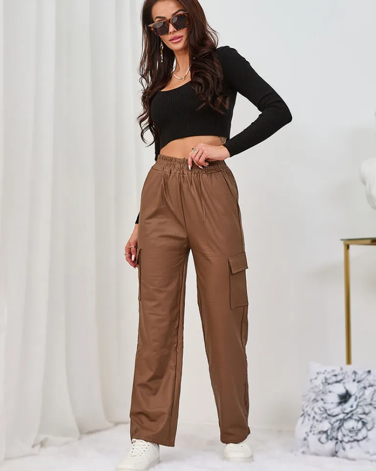 New Brązowe damskie spodnie typu bojówki z eko skóry Eko Skórzane|Spodnie Cargo