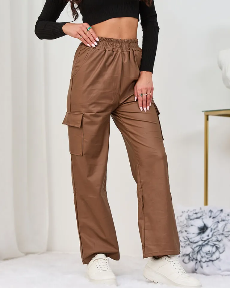 New Brązowe damskie spodnie typu bojówki z eko skóry Eko Skórzane|Spodnie Cargo