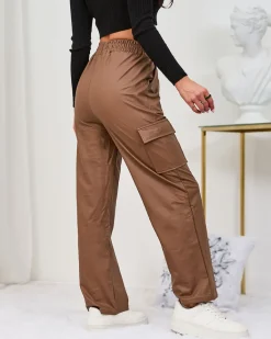 New Brązowe damskie spodnie typu bojówki z eko skóry Eko Skórzane|Spodnie Cargo