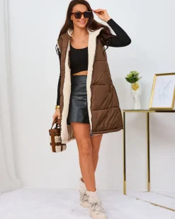 Sale Brązowo-kremowa długa dwustronna kamizelka damska Kurtki / Marynarki / Płaszcze