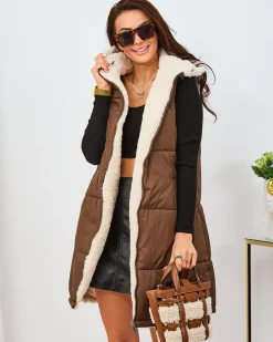 Sale Brązowo-kremowa długa dwustronna kamizelka damska Kurtki / Marynarki / Płaszcze